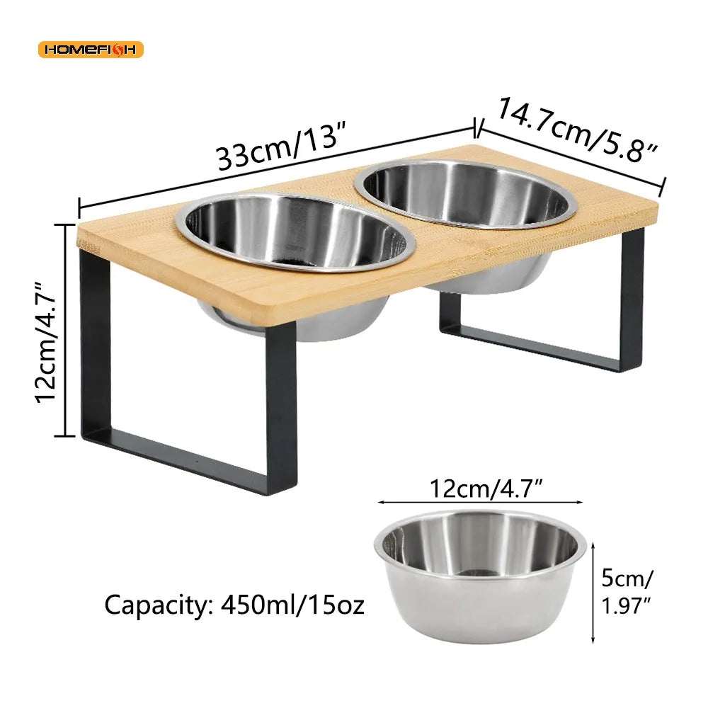 Elevated Cat Bowl Pet Feeder 15° Tilted Raised Cat Food Bowl with Wooden Base Includes 2 Stainless Steel Bowls Suitable for Cats