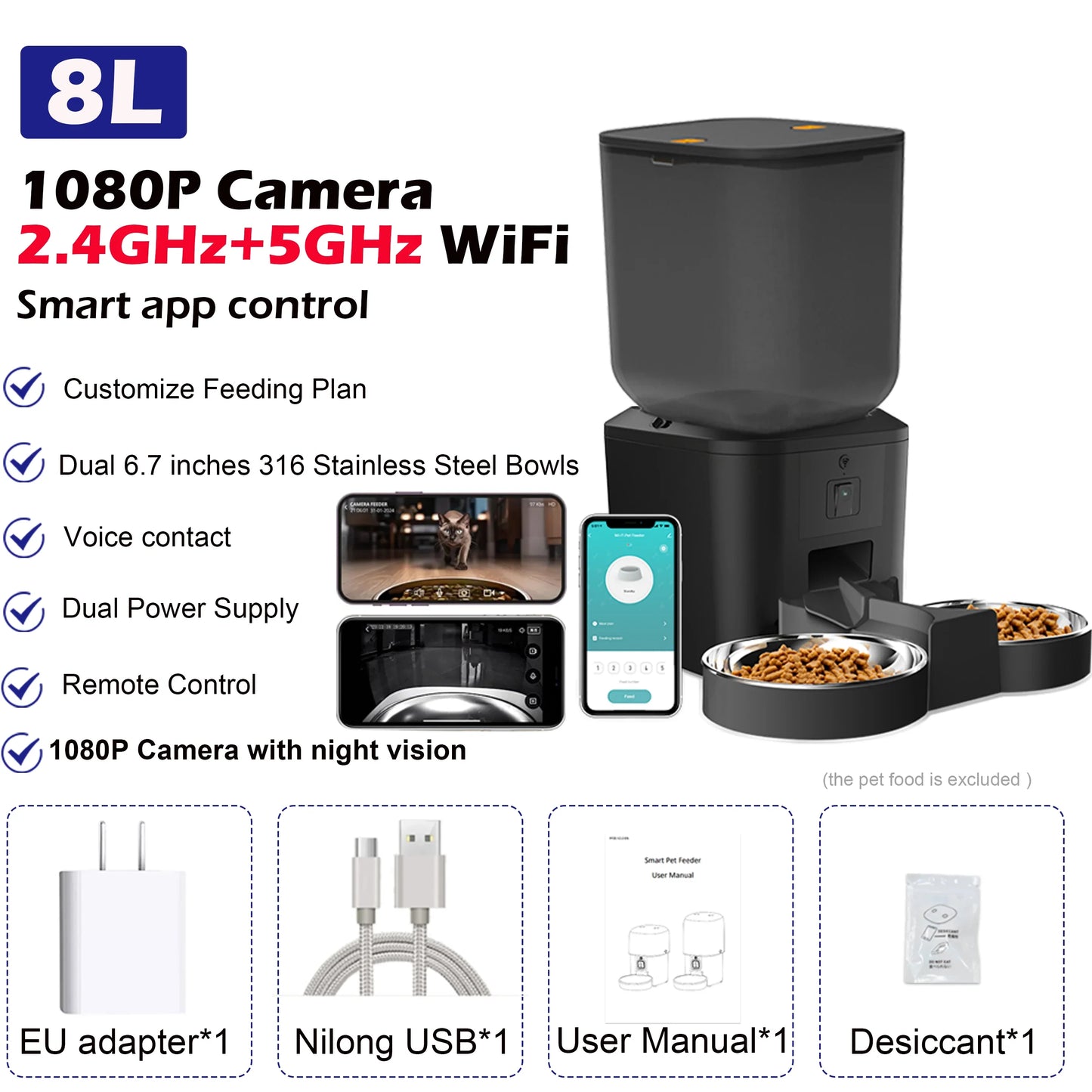 8L Automatic Cat Feeder With 1080p Camera Video 5G WiFi Cat Food Dispenser Pet Smart Voice Recorder Tuya APP Pet Auto Feeder
