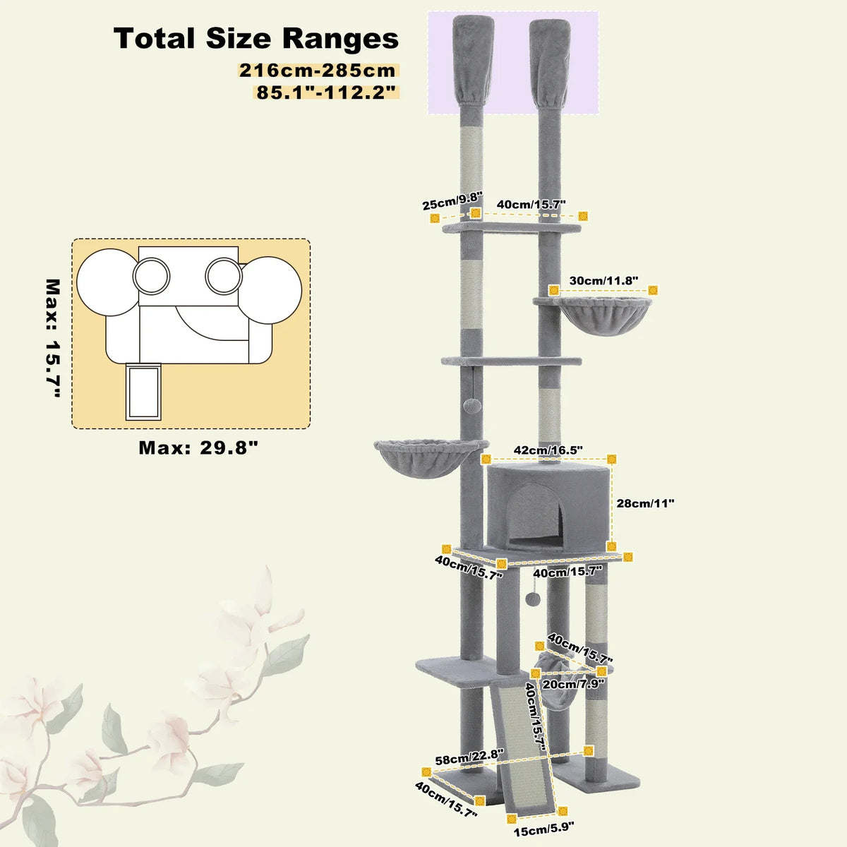 Floor-to-Ceiling Cat Tree with Hammock and Scratching Posts - view 11
