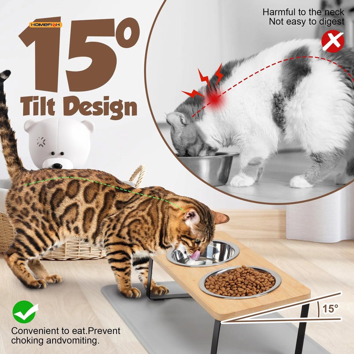 Elevated 15° Tilted Double Cat Bowl with Wooden Base - view 2