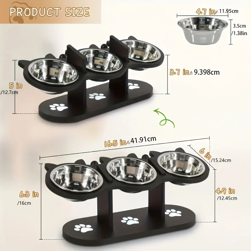 Elevated Cat Food Bowl with Wooden Support Frame & Stainless Steel Cat Bowl Adjustable 15° Angle Stand Sloped Pet Food Bowl