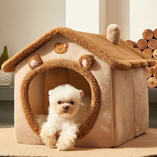 1PC Warm Winter Four Season Universal Enclosed Pet Bed, Wrapped Cat Bed, Dog Bed, Brown Teddy Bear Style Bed