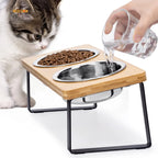 Elevated 15° Tilted Double Cat Bowl with Wooden Base