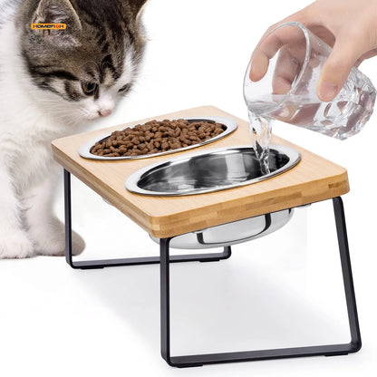 Elevated Cat Bowl Pet Feeder 15° Tilted Raised Cat Food Bowl with Wooden Base Includes 2 Stainless Steel Bowls Suitable for Cats