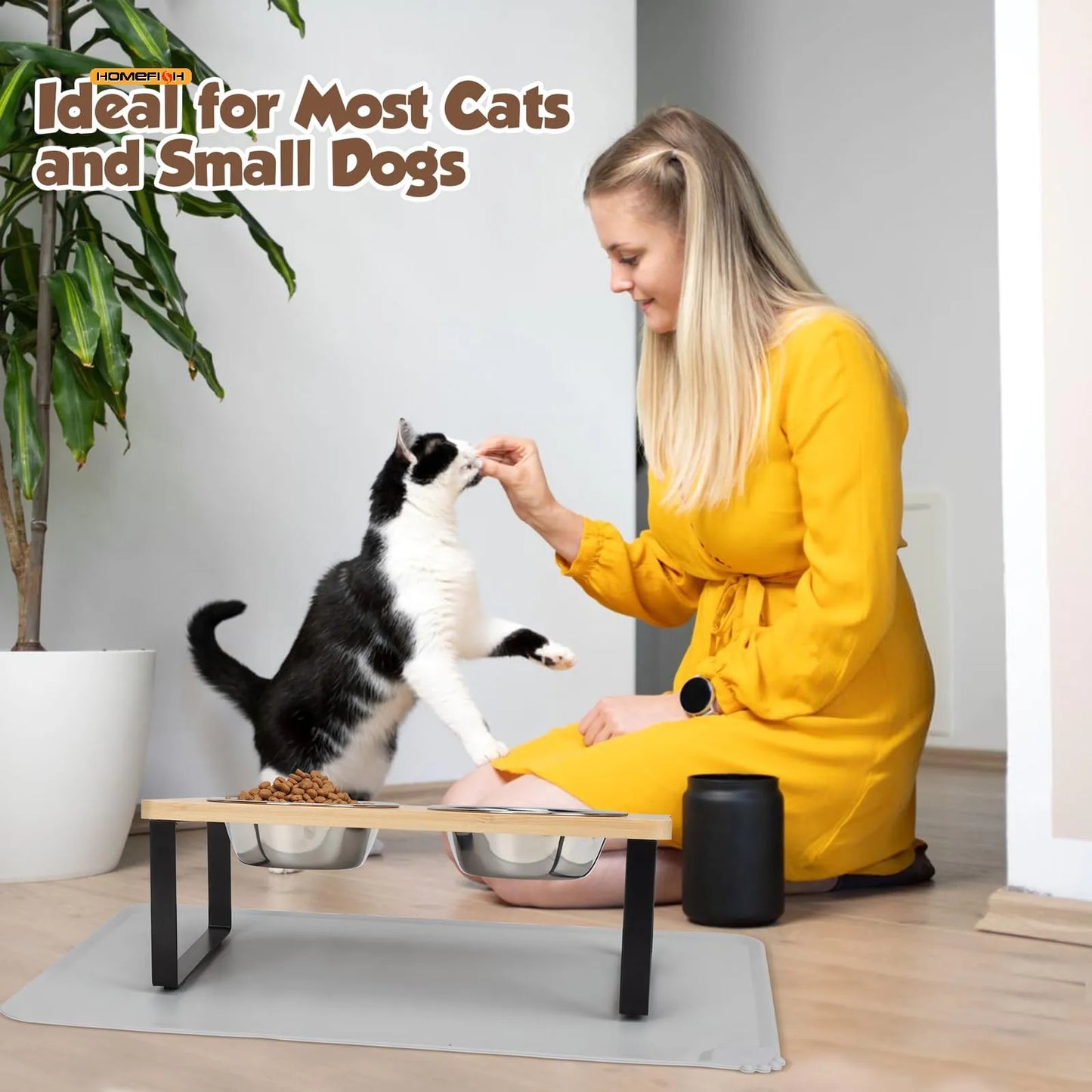 Elevated Cat Bowl Pet Feeder 15° Tilted Raised Cat Food Bowl with Wooden Base Includes 2 Stainless Steel Bowls Suitable for Cats