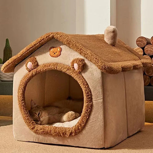 1PC Warm Winter Four Season Universal Enclosed Pet Bed, Wrapped Cat Bed, Dog Bed, Brown Teddy Bear Style Bed