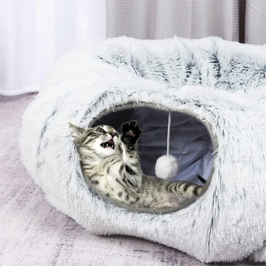 Winter New Arrival Plush Cat Tunnel Bed Foldable Two-in-One round Warmth Pet Nest Thickened Cozy Cuddly Cat Hideaway