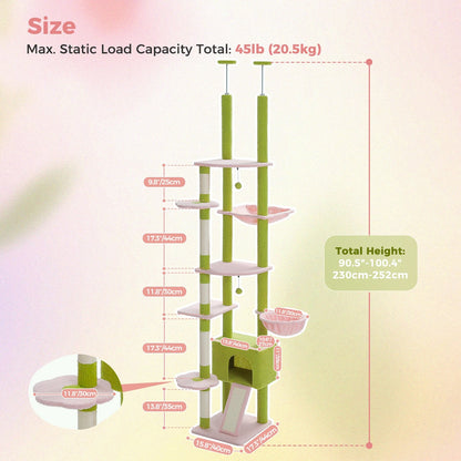 Floor to Ceiling Cat Tree with Sisal Scratching Posts Cozy Condo Hammock Adjustable Height Tall Cat Tower for Indoor Cat Toys