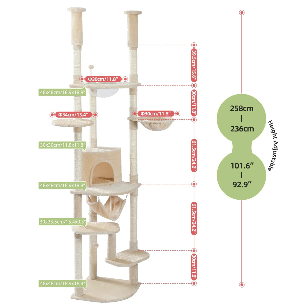 Floor-to-Ceiling Cat Tree with Hammock and Scratching Posts - view 9