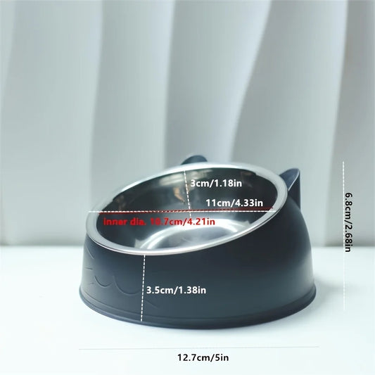 1pc Elevated Stainless Steel Cat Bowl, Inclined Food & Water Dish with Cute Ear Stand, Neck Protection Design for Cats