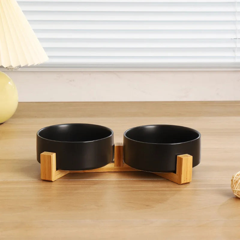 Ceramic Double Bowl with Wood Stand for Cats and Small Dogs - view 9