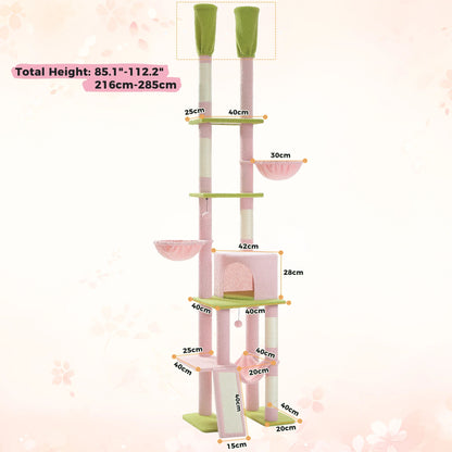 Floor to Ceiling Cat Tree with Sisal Scratching Posts Cozy Condo Hammock Adjustable Height Tall Cat Tower for Indoor Cat Toys