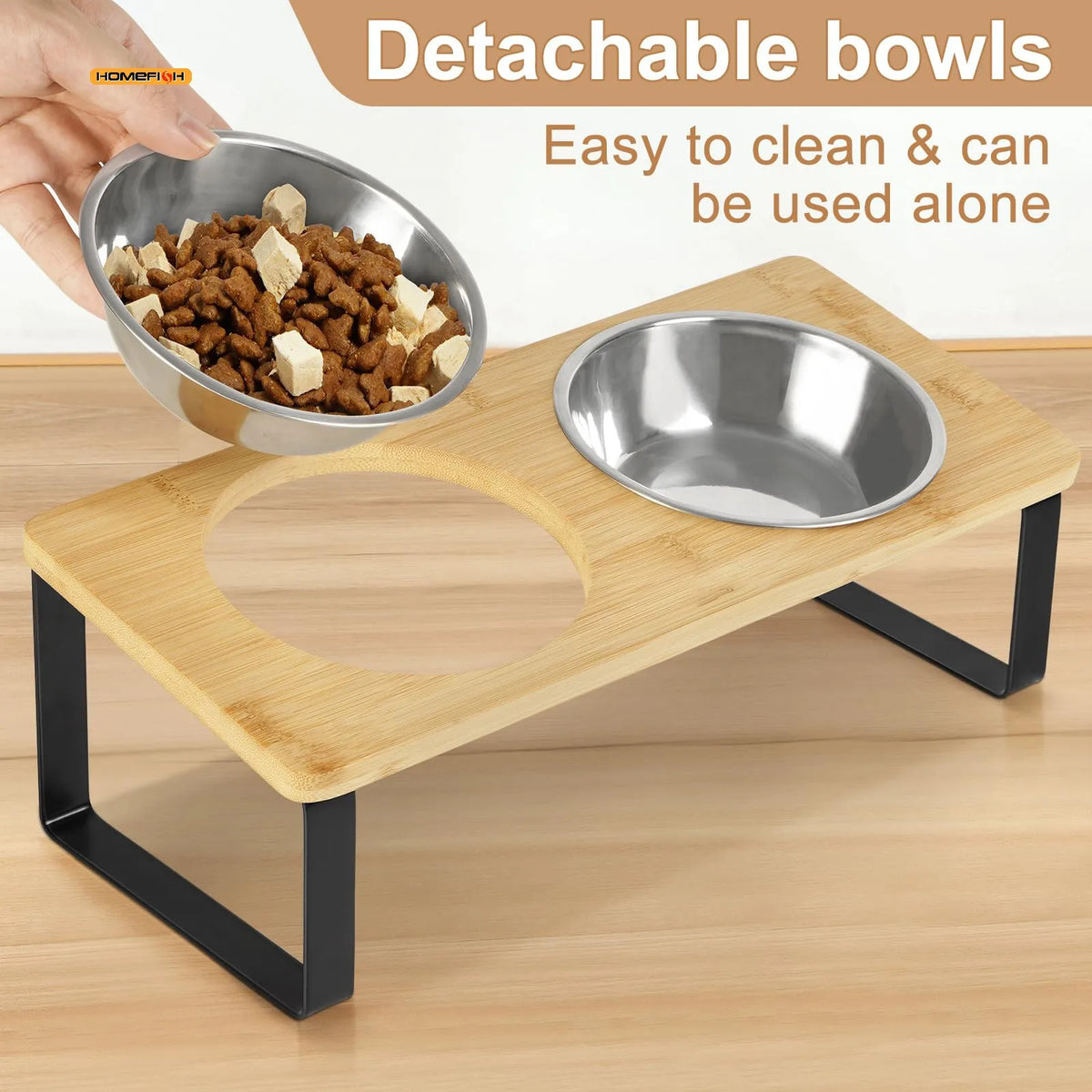 Elevated 15° Tilted Double Cat Bowl with Wooden Base - view 4