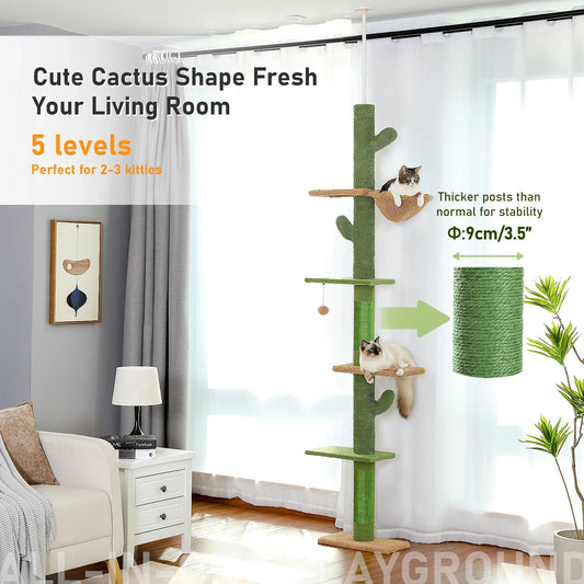 Cat Tree 5-Tier Floor to Ceiling Cat Tower Cactus Tall Climbing Tree with Scratching Post Hammock Dangling Ball for Indoor Cats