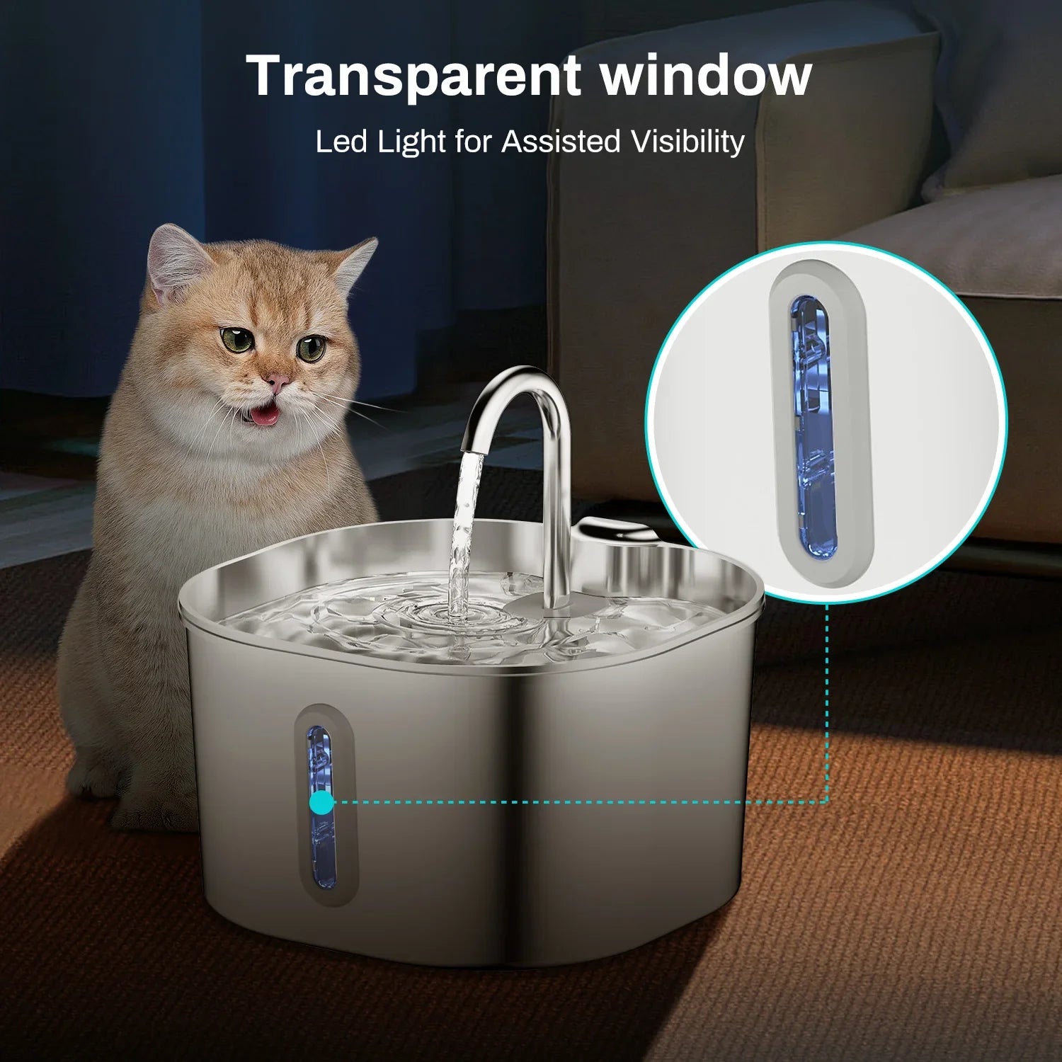 ZYFeeder Stainless Steel Cat Water Fountain, 2.2L