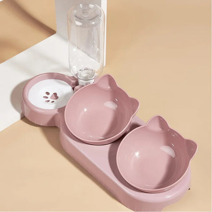 1PCS Pet Bowl with Water Feeder, 3-in-1 Ear Design Tilting Cat Water and Food Bowl with Gravity Water Bottle for Neck Protection