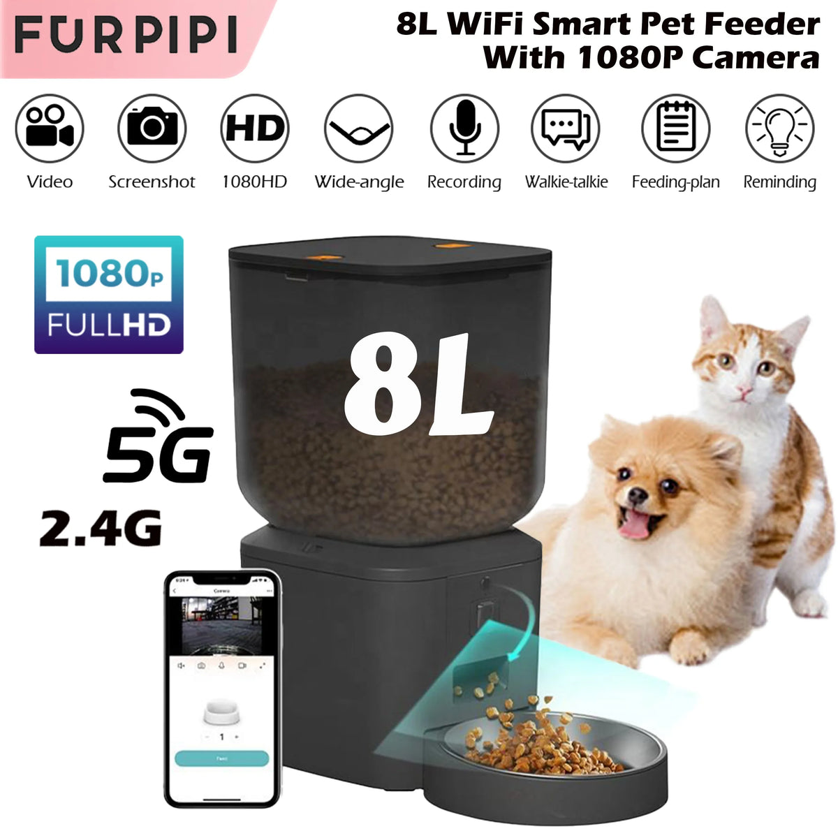 8L Automatic Cat Feeder with 1080p Camera and Wi-Fi