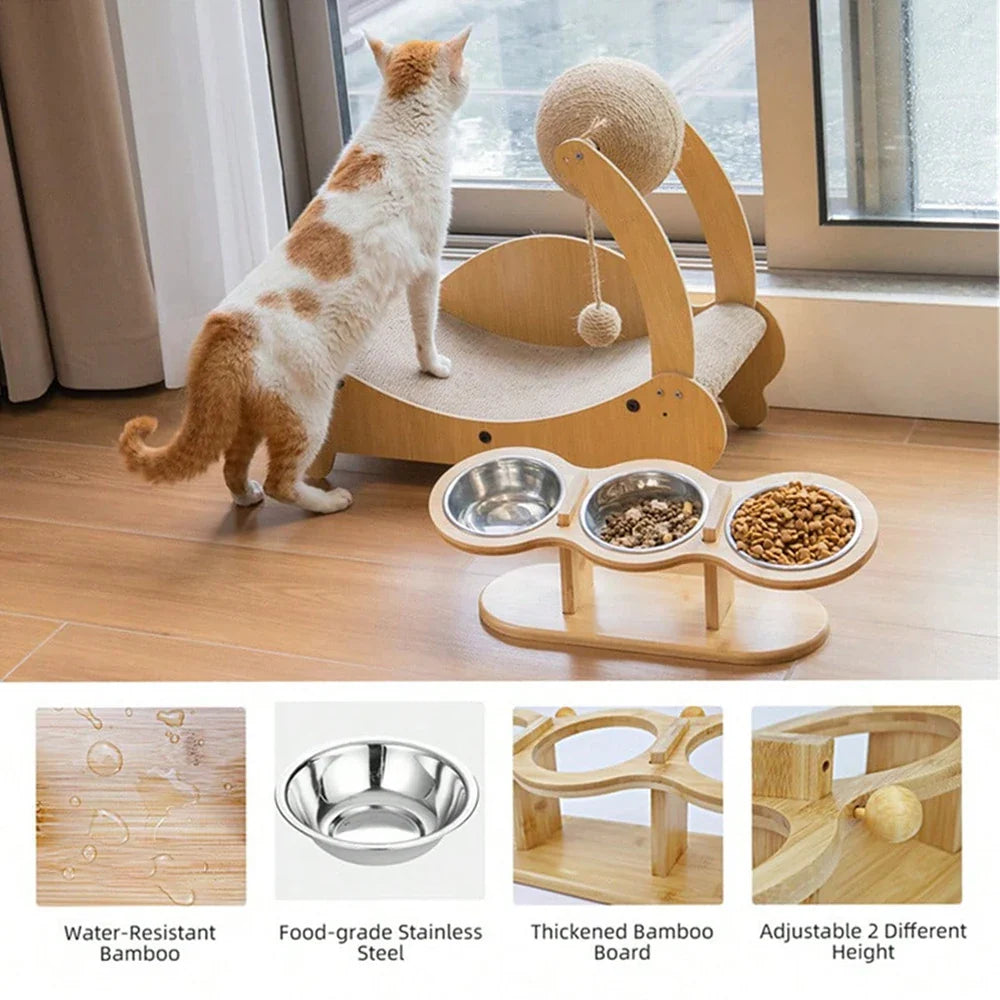 Raised 3-Bowl Cat Feeder with Wood Stand - view 4