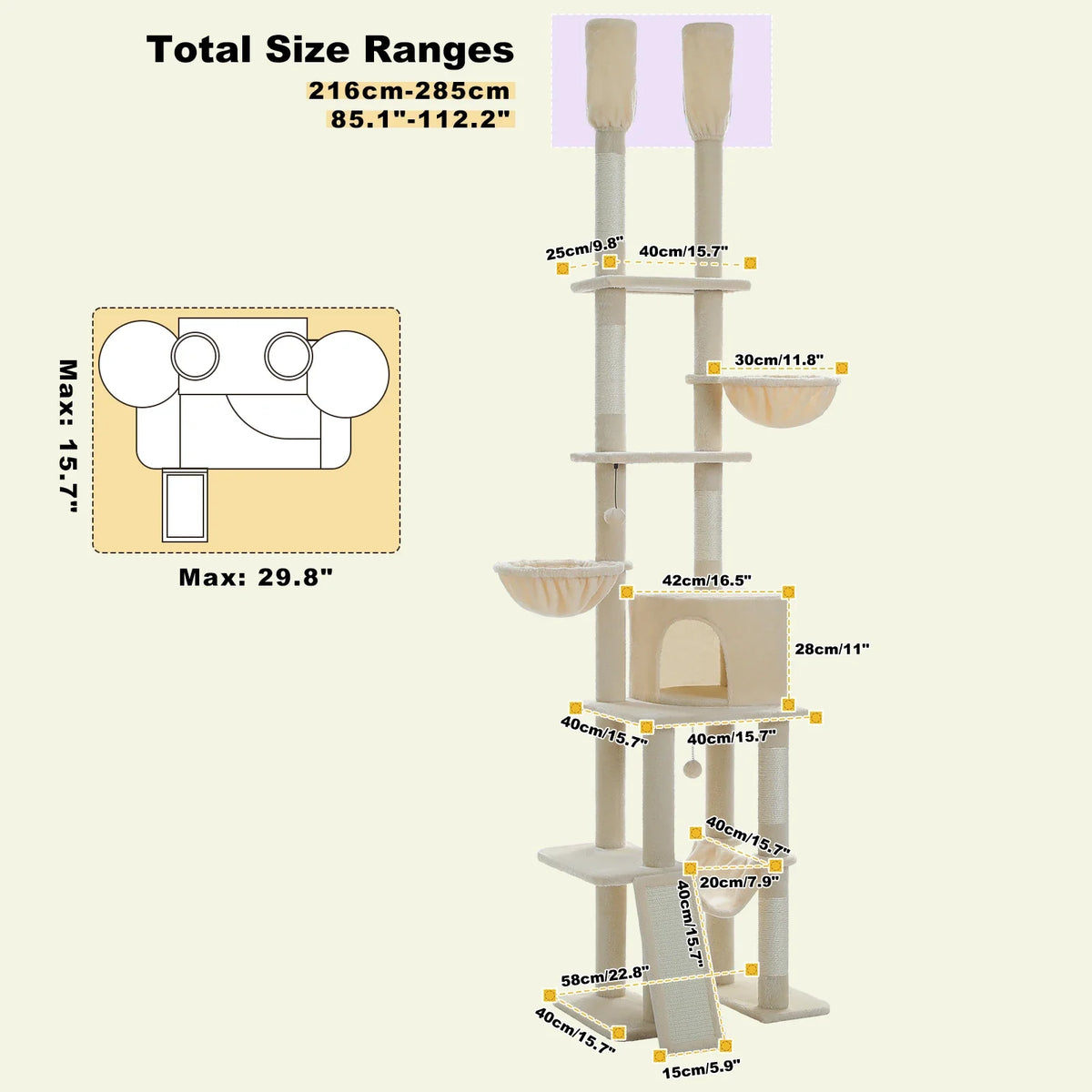 Floor-to-Ceiling Cat Tree with Hammock and Scratching Posts - view 15