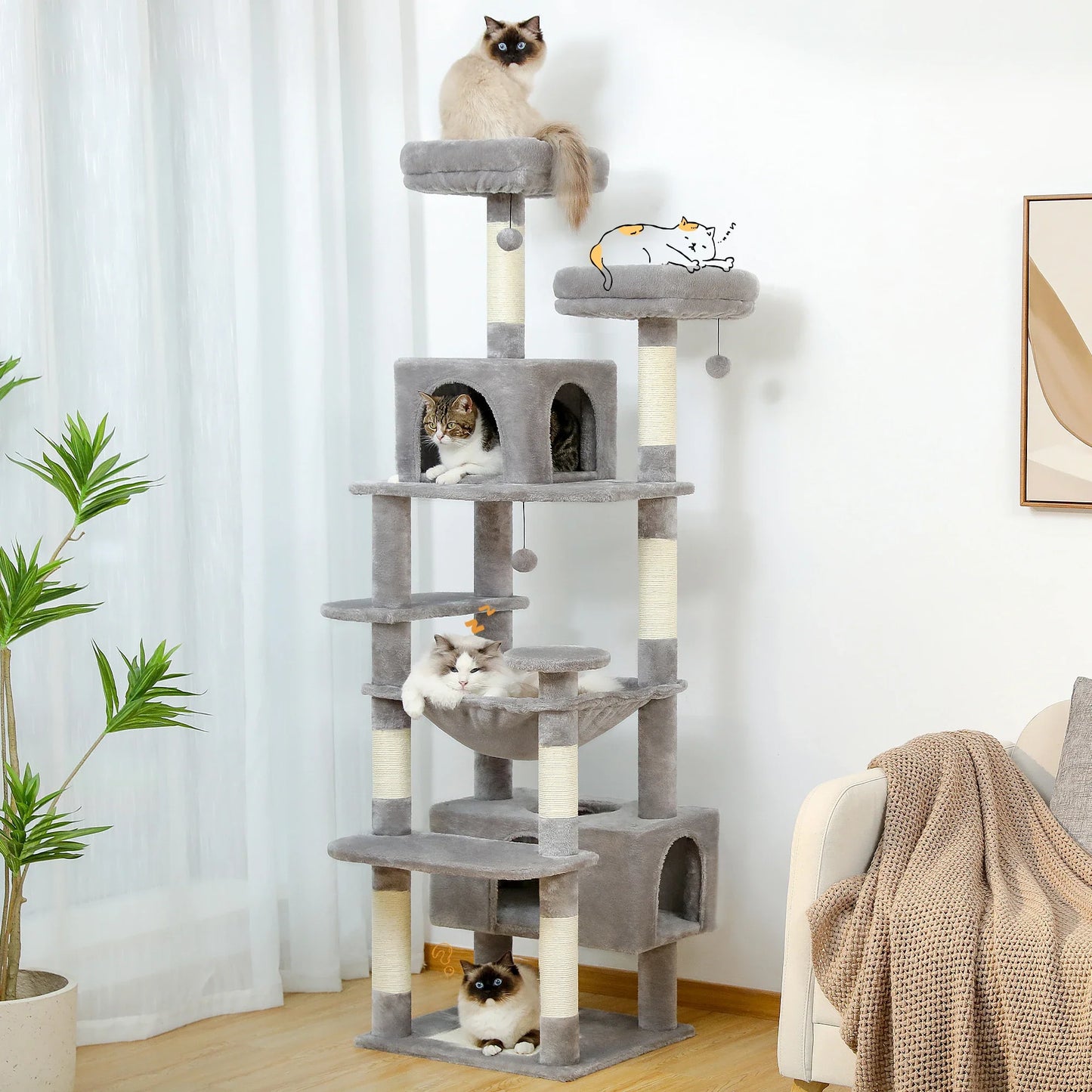 Large Cat Tree and Tower for Indoor Cats With Sisal-Covered Scratching Posts Spacious Hammock Padded Perches and Condos Cat Toys