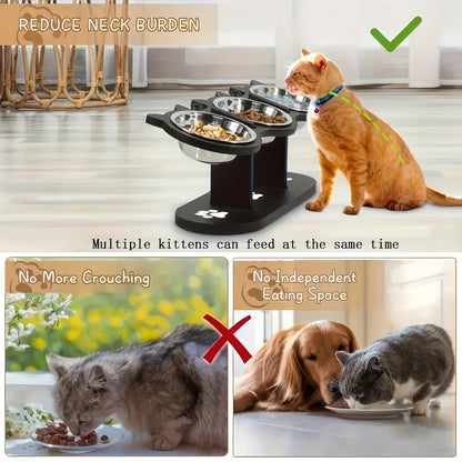 Elevated Cat Food Bowl with Wooden Support Frame & Stainless Steel Cat Bowl Adjustable 15° Angle Stand Sloped Pet Food Bowl