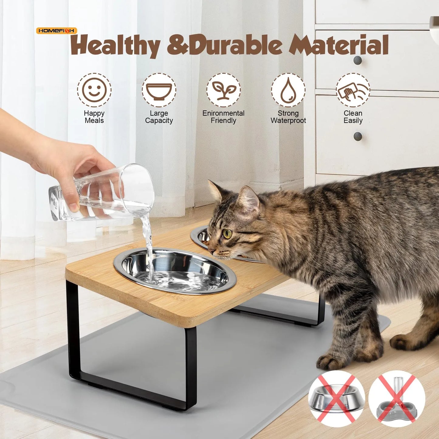 Elevated Cat Bowl Pet Feeder 15° Tilted Raised Cat Food Bowl with Wooden Base Includes 2 Stainless Steel Bowls Suitable for Cats