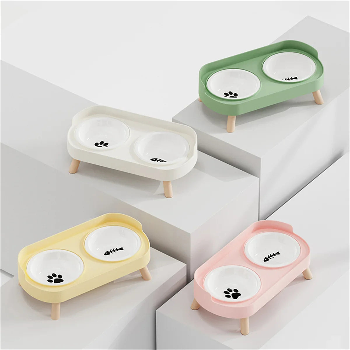 Pet cat double bowl feeder, adjustable height cat and dog water dispenser, elevate feeding kitten supplies