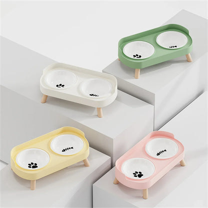 Pet cat double bowl feeder, adjustable height cat and dog water dispenser, elevate feeding kitten supplies