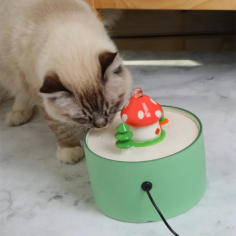 Ceramic Mushroom Cat Water Fountain with Filter, USB - view 4