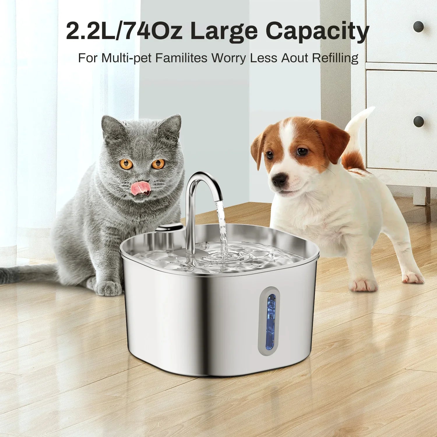 ZYFeeder Stainless Steel Cat Water Fountain, 2.2L