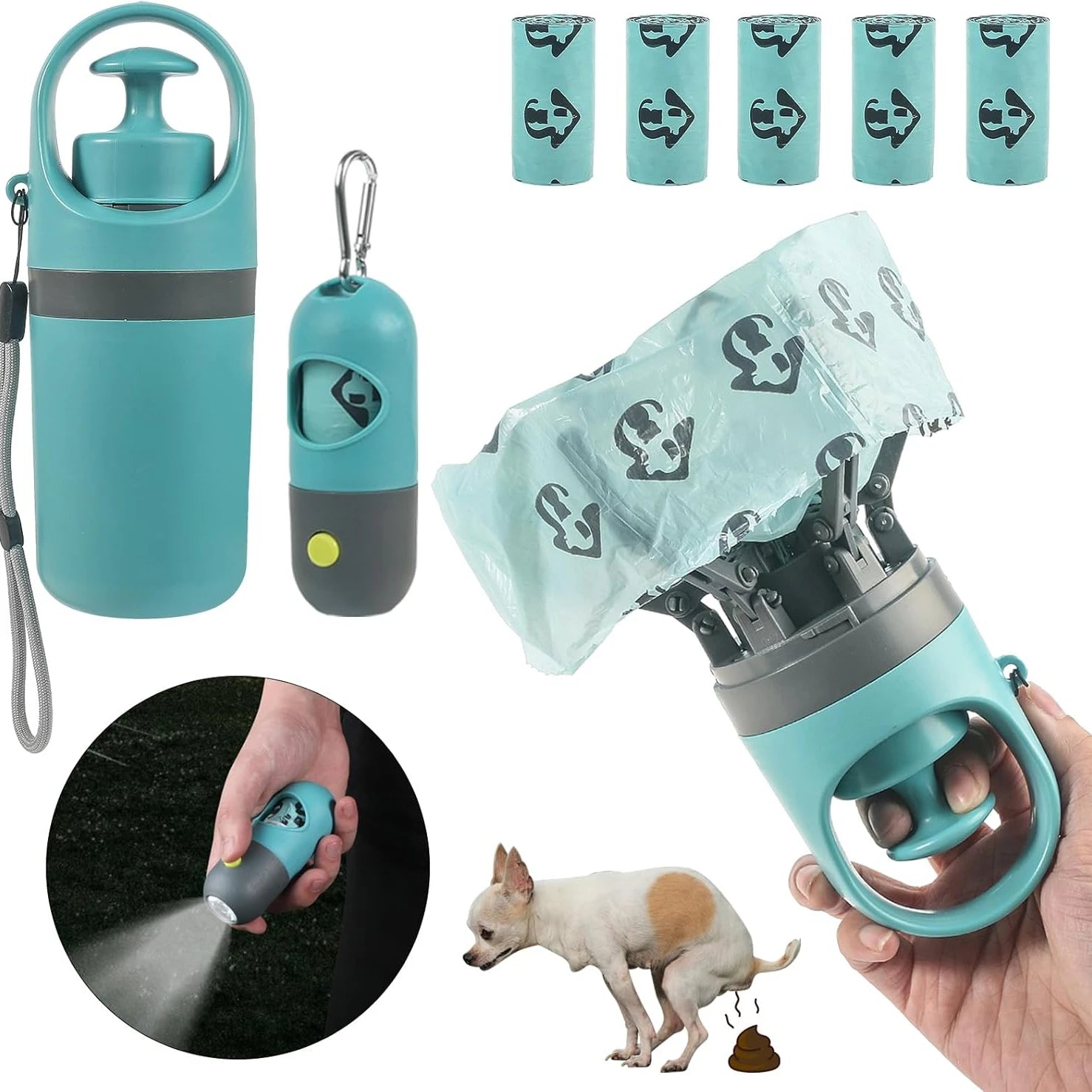 Dog Poop Scooper Set with LED Light and Bag Dispenser
