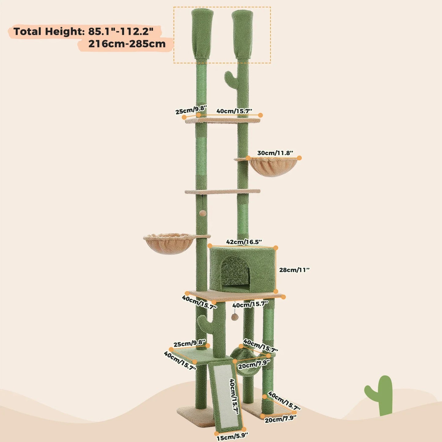 Floor to Ceiling Cat Tree with Sisal Scratching Posts Cozy Condo Hammock Adjustable Height Tall Cat Tower for Indoor Cat Toys