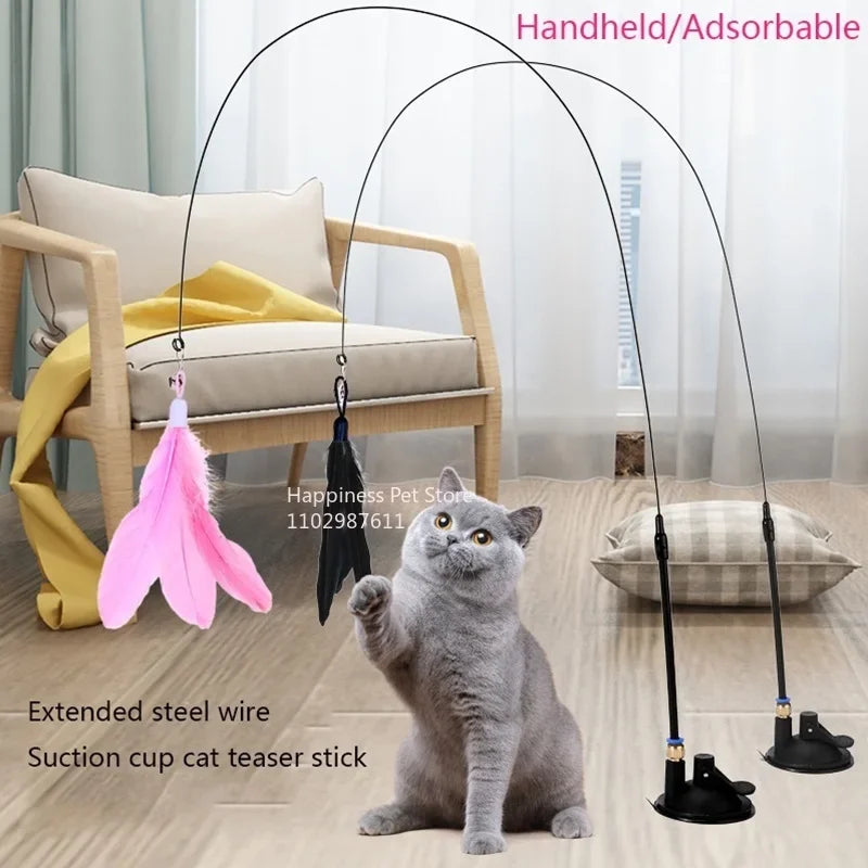 Suction Cup Cat Teaser Wand Toy with Bell and Feather
