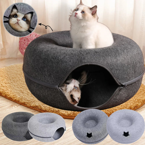 2-in-1 Felt Donut Cave Bed and Tunnel for Cats
