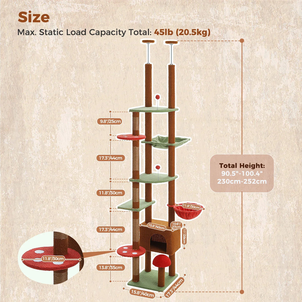 Floor-to-Ceiling Cat Tree with Hammock and Scratching Posts - view 7