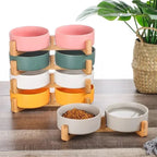 Ceramic Double Bowl with Wood Stand for Cats and Small Dogs