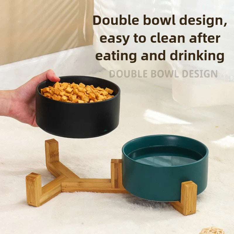 Ceramic Double Bowl with Wood Stand for Cats and Small Dogs - view 6