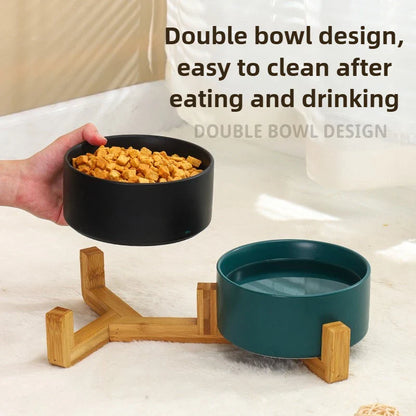Ceramic Pet Bowl Dish With Wood Stand No Spill Pet Ceramic Double Bowl For Dog Cat Food Water Feeder Cats Small Dogs Pet bowl