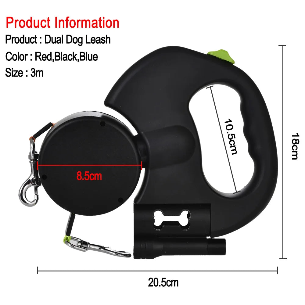 Retractable Double Dog Leash with Light, 3m - view 6