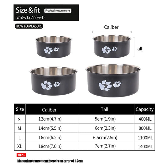A cartoon-patterned pet bowl, easy to clean, made of stainless steel, suitable for both outdoor and indoor pet owners.