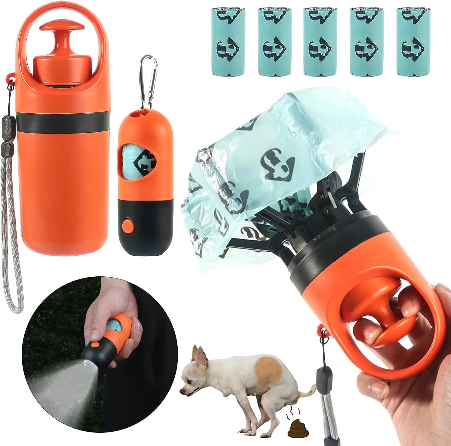 Dog Poop Scooper Set with LED Light and Bag Dispenser