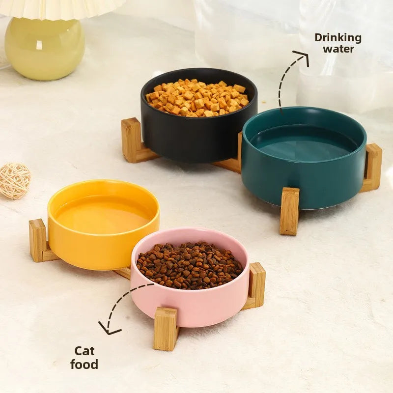 Ceramic Double Bowl with Wood Stand for Cats and Small Dogs - view 4