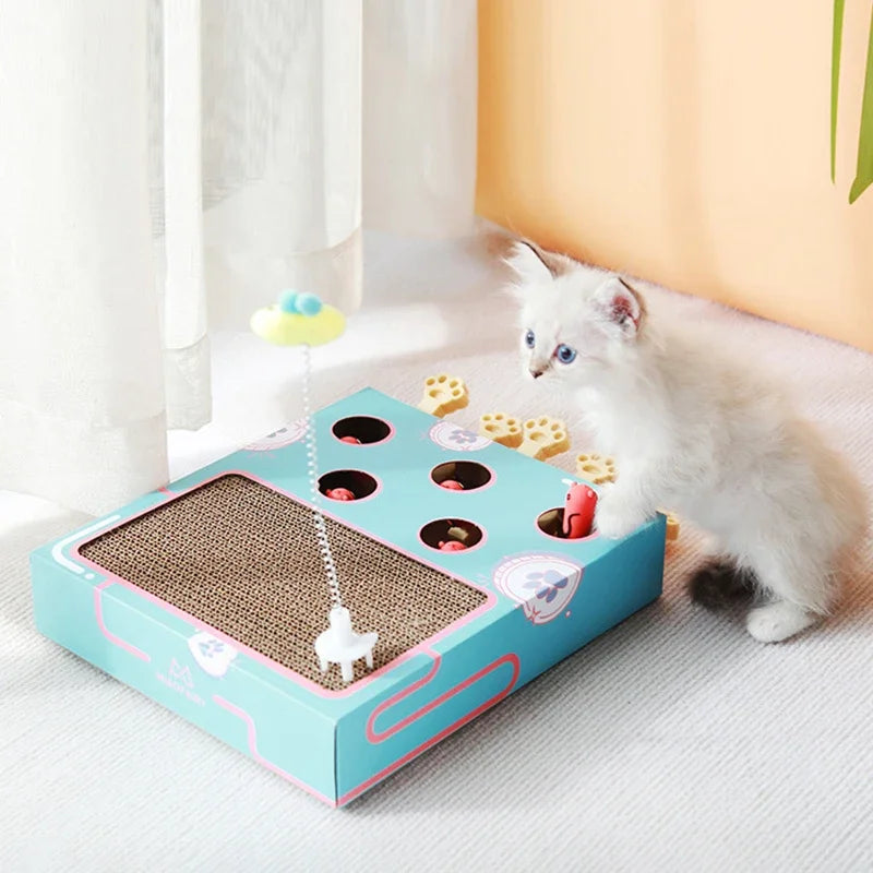 Cat Enrichment Toy Interactive Grind Claw Rest Play 3 in 1 Boredom Relief Whack A Mole Cat Toy with Cat Scratching Pad