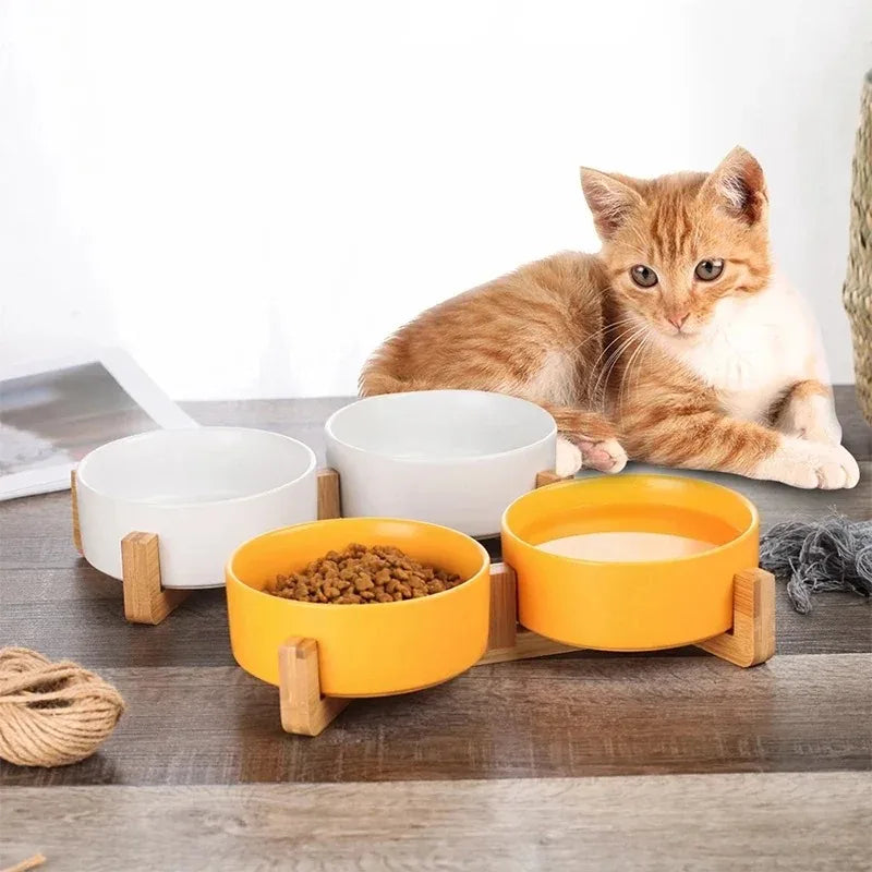 Ceramic Double Bowl with Wood Stand for Cats and Small Dogs - view 5