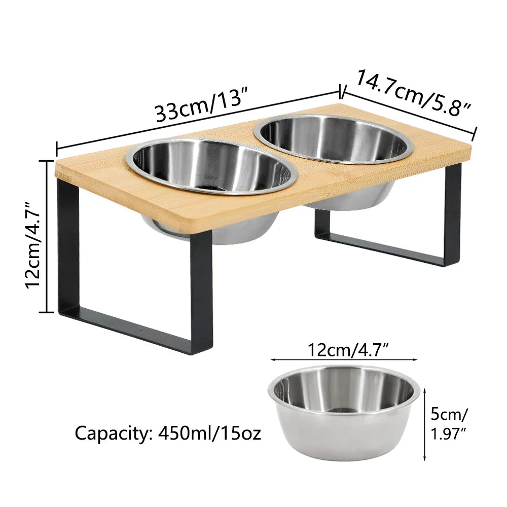 Elevated Cat Bowl Pet Feeder 15° Tilted Raised Cat Food Bowl with Wooden Base Includes 2 Stainless Steel Bowls Suitable for Cats