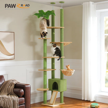 Floor to Ceiling Cat Tree with Sisal Scratching Posts Cozy Condo Hammock Adjustable Height Tall Cat Tower for Indoor Cat Toys