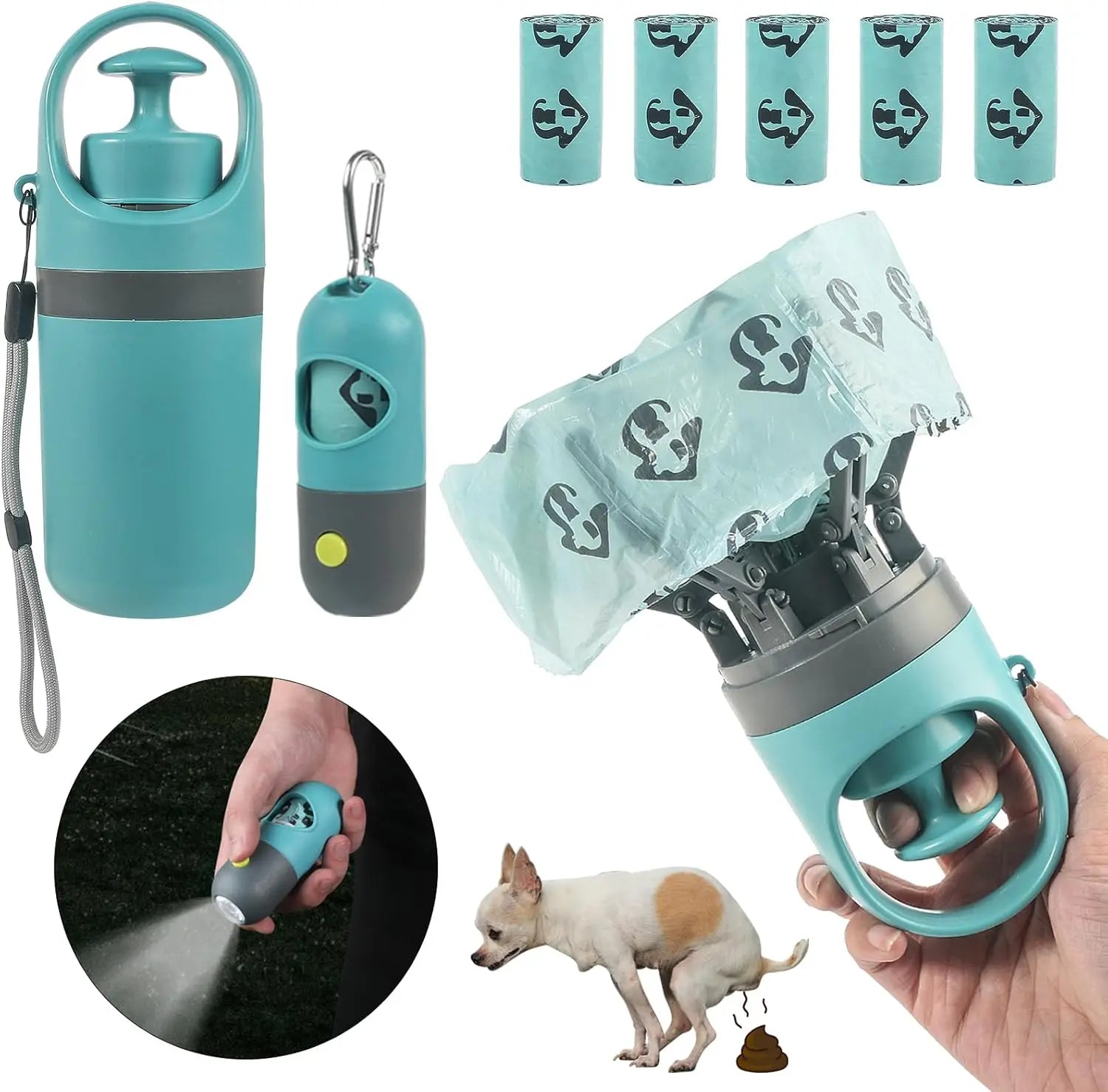 Dog Poop Scooper Set with LED Light and Bag Dispenser