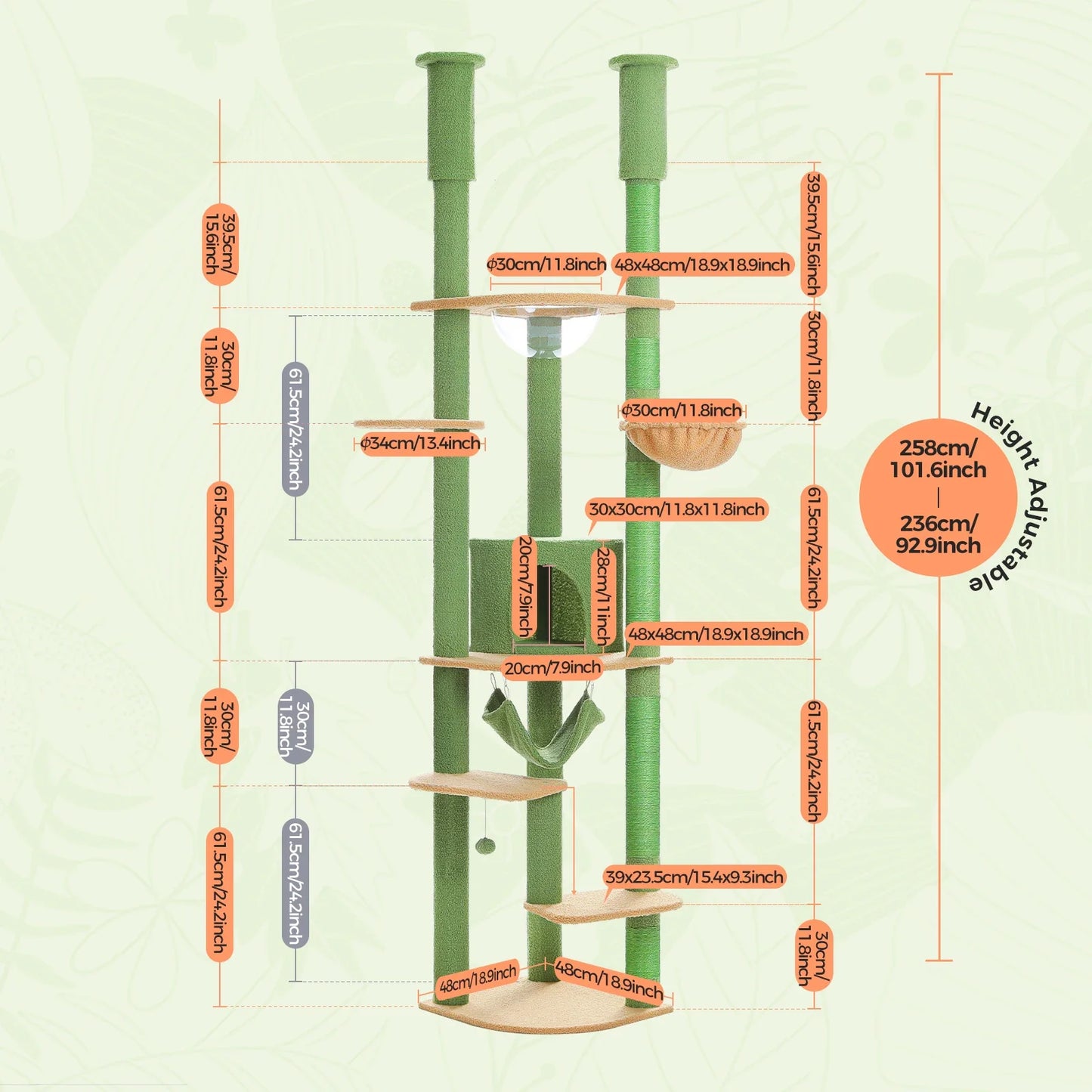 Floor to Ceiling Cat Tree with Sisal Scratching Posts Cozy Condo Hammock Adjustable Height Tall Cat Tower for Indoor Cat Toys