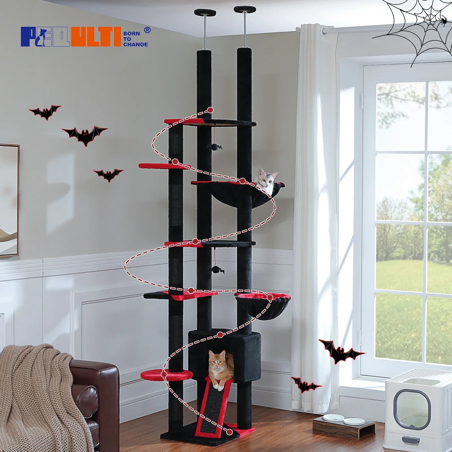 Floor to Ceiling Cat Tree with Sisal Scratching Posts Cozy Condo Hammock Adjustable Height Tall Cat Tower for Indoor Cat Toys