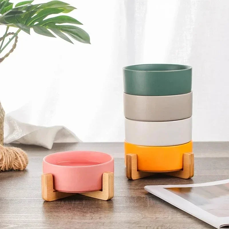 Ceramic Double Bowl with Wood Stand for Cats and Small Dogs - view 2
